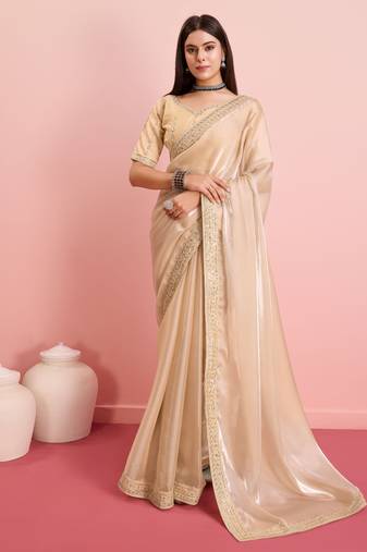 Cream Plain Poly Silk Blend Saree With Blouse