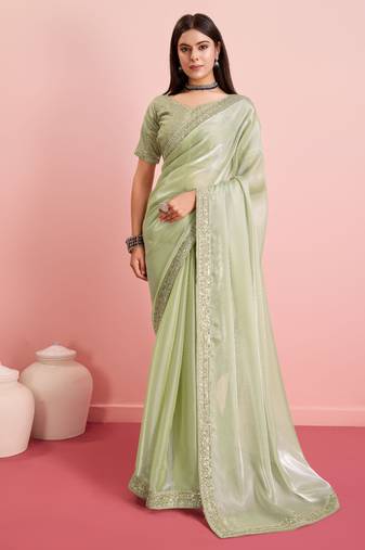 Light Green Plain Poly Silk Blend Saree With Blouse