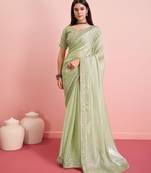 Light Green Plain Poly Silk Blend Saree With Blouse