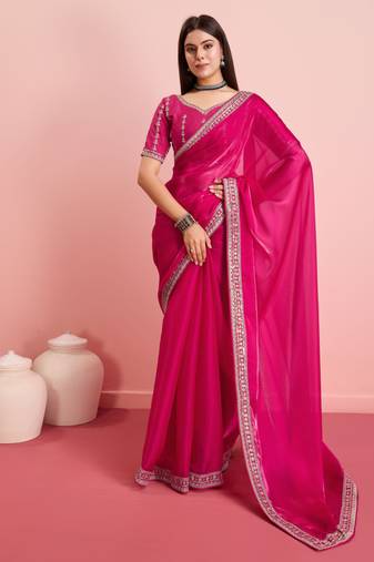 Maroon Plain Poly Silk Blend Saree With Blouse