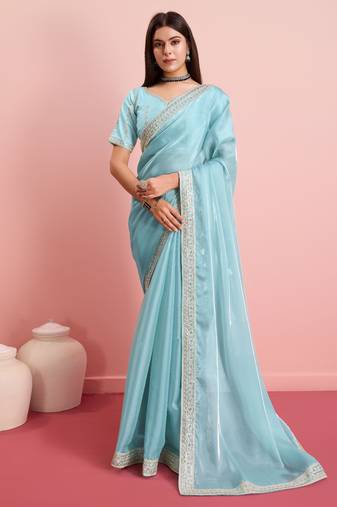 Light Blue Plain Poly Silk Blend Saree With Blouse