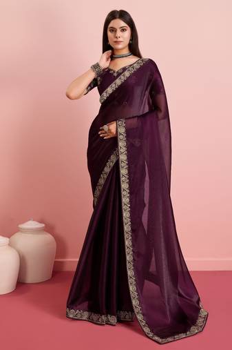 Dark Purple Plain Poly Silk Blend Saree With Blouse
