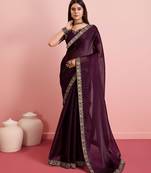 Dark Purple Plain Poly Silk Blend Saree With Blouse