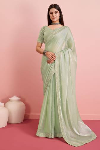 Light Green Plain Poly Silk Blend Saree With Blouse