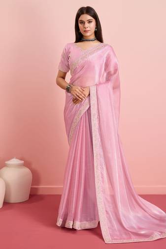 Light Baby Pink Plain Poly Silk Blend Saree With Blouse