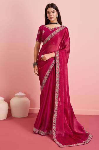 Maroon Plain Poly Silk Blend Saree With Blouse