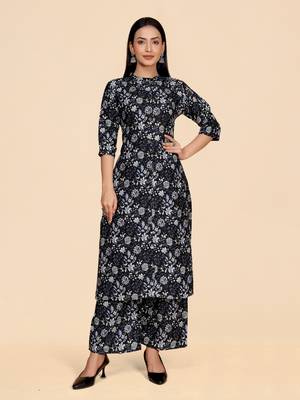 Dark blue color designer viscose fabric printed a-line kurta set 1