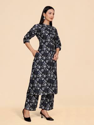Dark blue color designer viscose fabric printed a-line kurta set 3