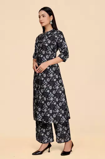 Dark blue color designer viscose fabric printed a-line kurta set