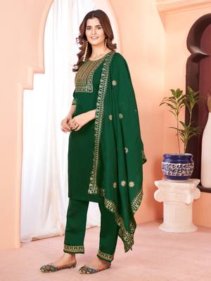 Designer collection green color viscose fabric  zari work heavy embroidery kurta set with dupatta 2