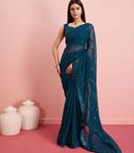 Turquoise Embroidered Work Georgette Saree With Blouse