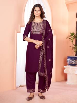 Designer collection wine color viscose fabric  zari work heavy embroidery kurta set with dupatta 1