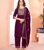 Designer collection wine color viscose fabric  zari work heavy embroidery kurta set with dupatta
