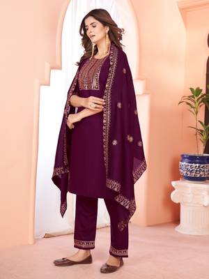 Designer collection wine color viscose fabric  zari work heavy embroidery kurta set with dupatta 2