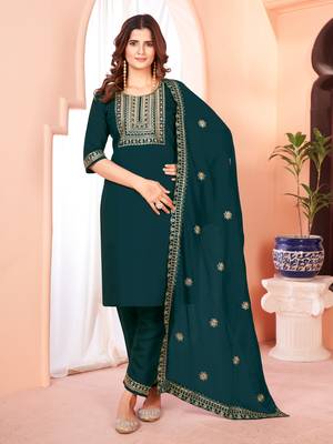 Designer collection blue color viscose fabric zari  embroidery work kurta set with dupatta 1