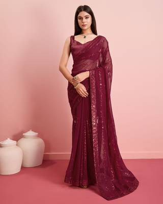 Maroon Embroidered Work Georgette Saree With Blouse 1
