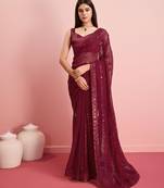 Maroon Embroidered Work Georgette Saree With Blouse