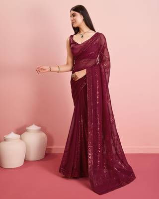 Maroon Embroidered Work Georgette Saree With Blouse 2