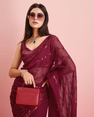Maroon Embroidered Work Georgette Saree With Blouse 4