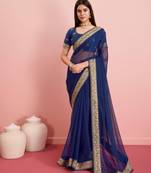 Blue Plain Organza Saree With Blouse
