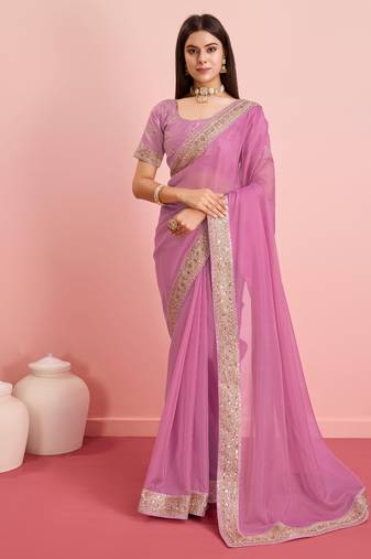 Light Baby Pink Plain Organza Saree With Blouse