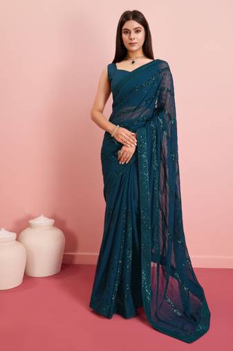 Dark Blue Embroidered Work Georgette Saree With Blouse
