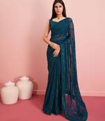 Dark Blue Embroidered Work Georgette Saree With Blouse