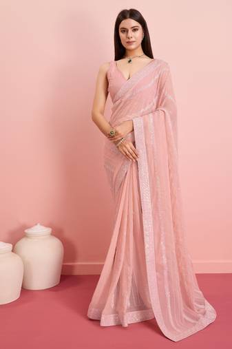 Light Baby Pink Embroidered Work Georgette Saree With Blouse