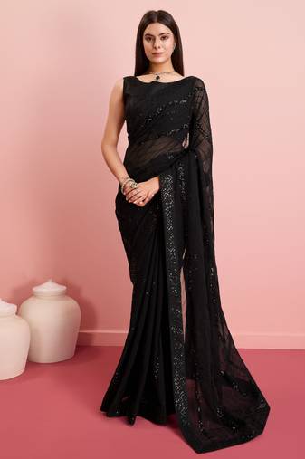 Black Embroidered Work Georgette Saree With Blouse