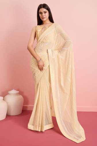 Cream Embroidered Work Georgette Saree With Blouse
