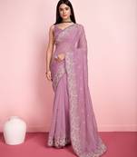 Mauve Embroidered Work Organza Saree With Blouse
