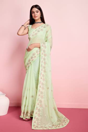 Light Green Embroidered Work Organza Saree With Blouse