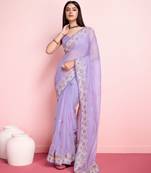 Lavender Embroidered Work Organza Saree With Blouse