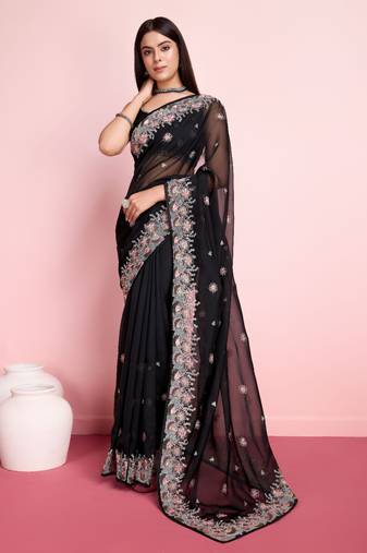 Black Embroidered Work Organza Saree With Blouse