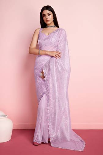 Lavender Embroidered Work Net Saree With Blouse