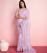 Lavender Embroidered Work Net Saree With Blouse