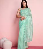 Light Blue Embroidered Work Net Saree With Blouse
