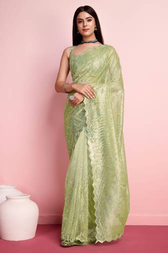 Light Green Embroidered Work Net Saree With Blouse