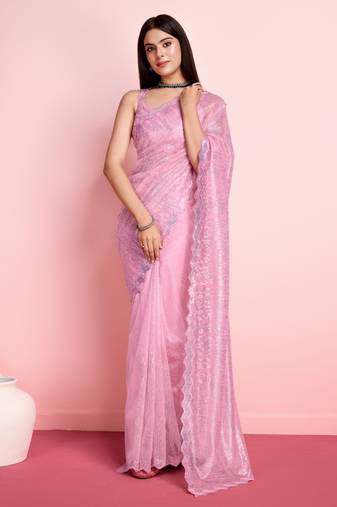 Light Baby Pink Embroidered Work Net Saree With Blouse