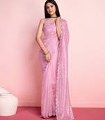 Light Baby Pink Embroidered Work Net Saree With Blouse