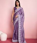 Light Purple Embroidered Work Poly Silk Blend Saree With Blouse