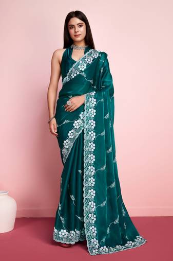 Teal Embroidered Work Poly Silk Blend Saree With Blouse