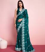 Teal Embroidered Work Poly Silk Blend Saree With Blouse
