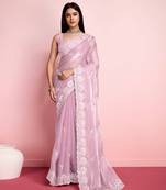Light Pink Embroidered Work Poly Silk Blend Saree With Blouse