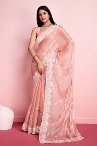 Peach Embroidered Work Poly Silk Blend Saree With Blouse