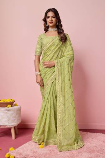 Light Green Embroidered Work Georgette Saree With Blouse