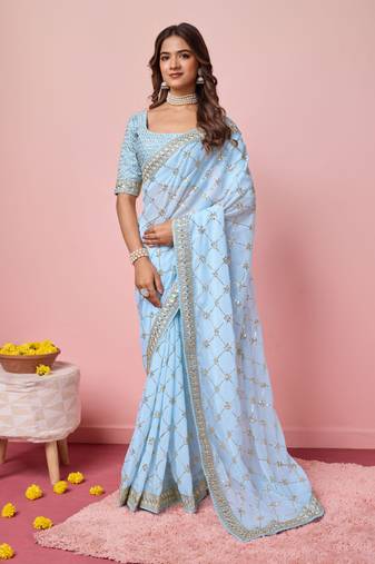 Light Blue Embroidered Work Georgette Saree With Blouse