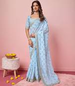 Light Blue Embroidered Work Georgette Saree With Blouse