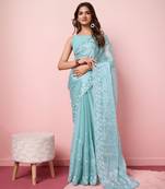 Light Blue Embroidered Work Poly Silk Blend Saree With Blouse