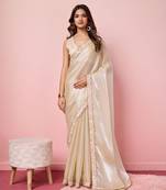 Cream Plain Poly Silk Blend Saree With Blouse